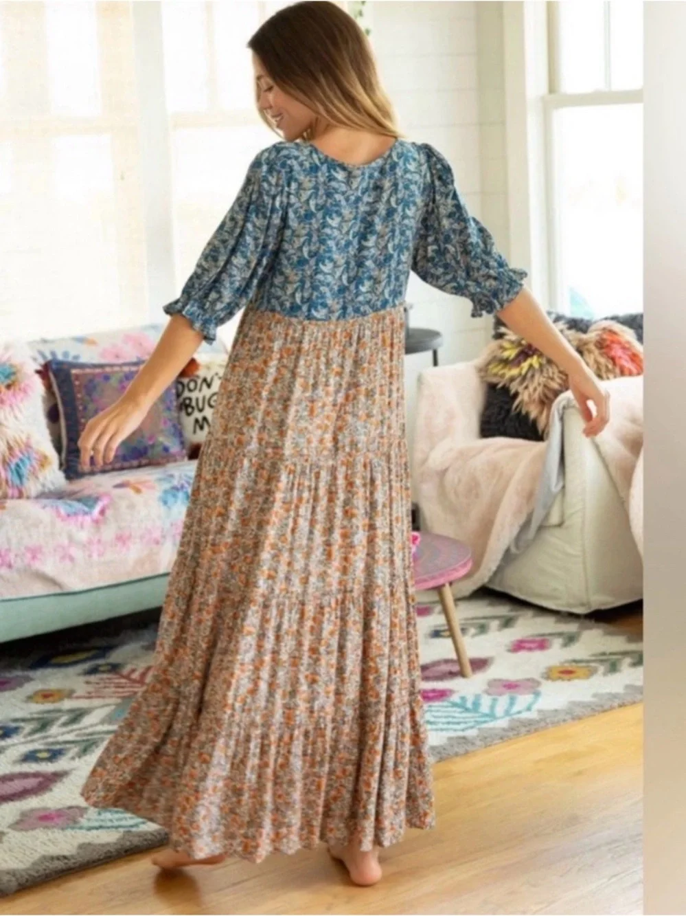 NATURAL LIFE Blue and Rust Floral Tiered Maxi Dress - Picture 1 of 8